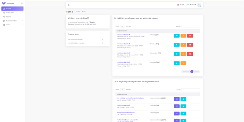 Voleres evenementbeheer dashboard